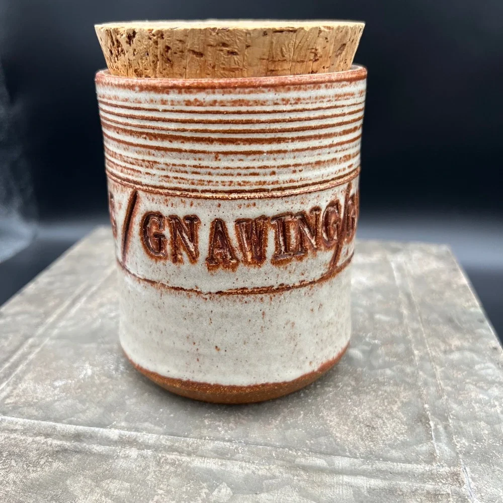Pottery Gnawings Canister Signed Artisan Stoneware Jar with Cork Lid 5.5in